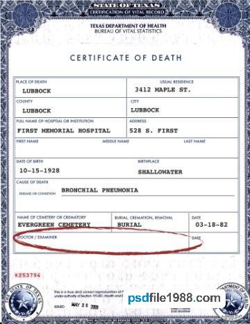 USA Texas Department of Health Death Certificate